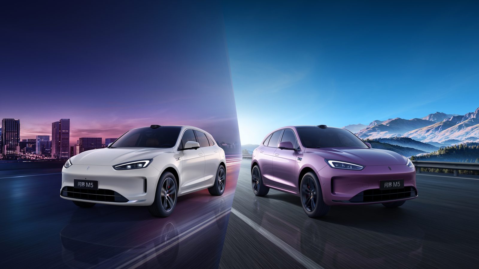 AITO M5 EV 2025 — экстерьер, dual front 3q, рынок AITO M5 new family / M5 EV visual reference