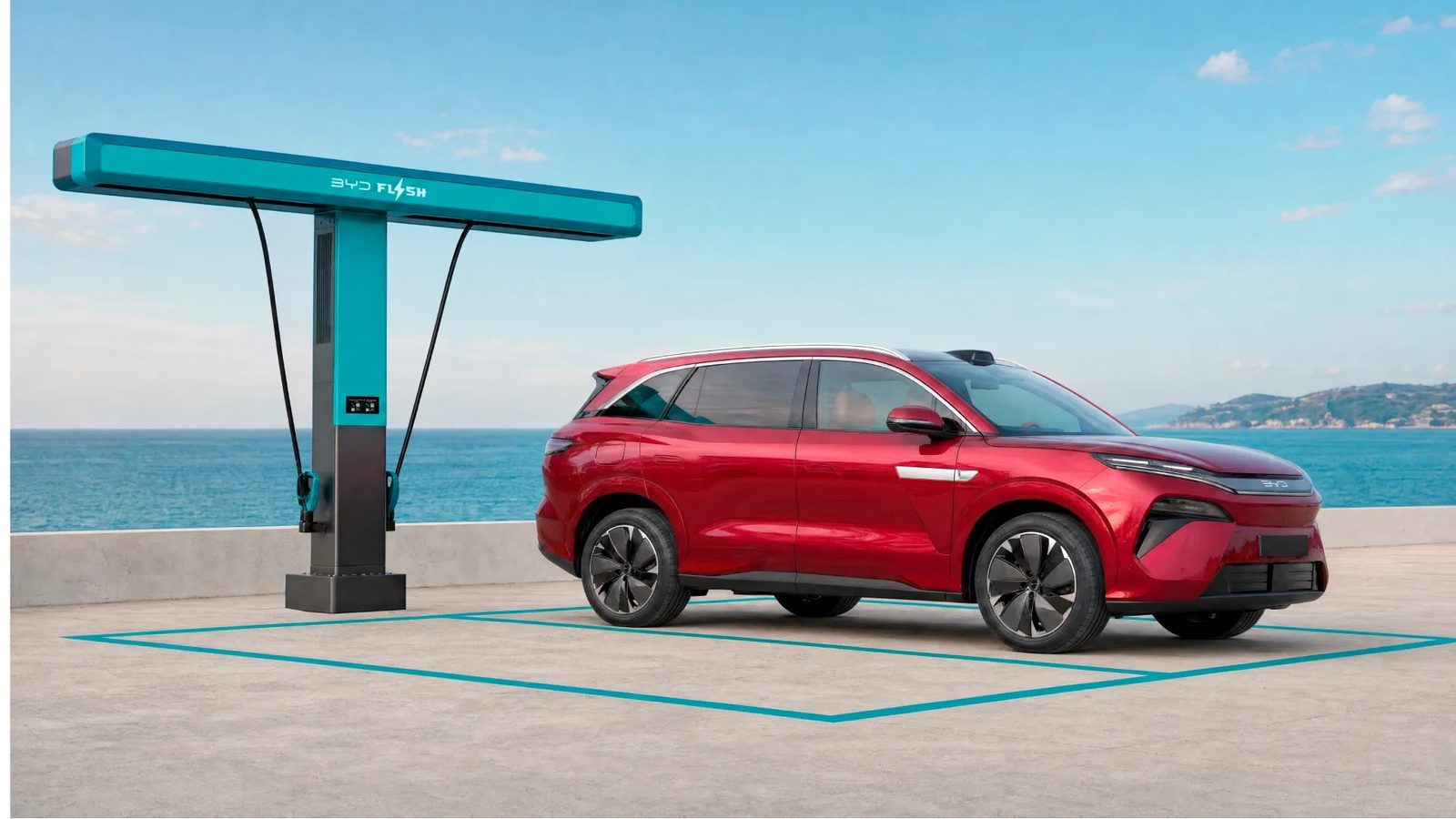 BYD ATTO 8 EV Europe 2027 - main model photo, exterior, front three quarter flash charger
