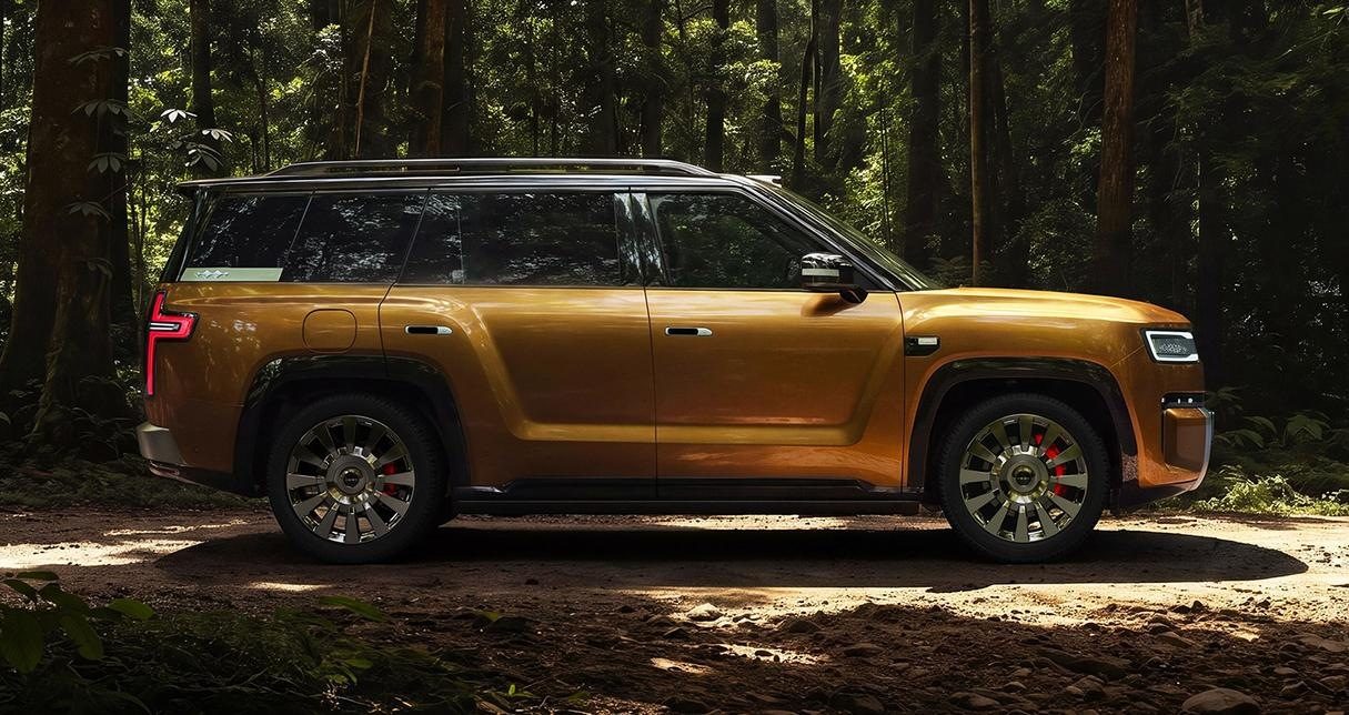 BYD Fang Cheng Bao Tai 9 PHEV 2026 - exterior, side profile forest, China 2026 reveal / PHEV market