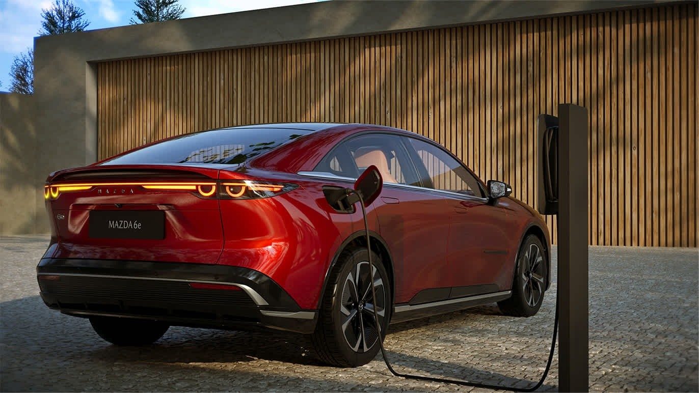 Mazda6e Global 2025 - exterior, rear three quarter red, Global/Europe reference via Mazda6e/EZ-6 donor market