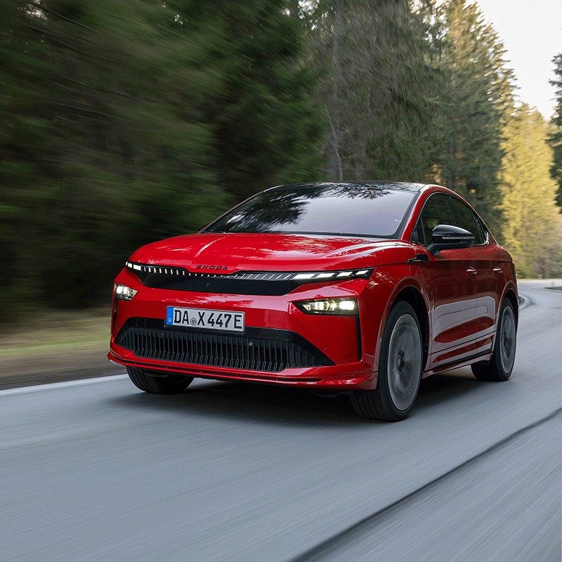 Škoda Enyaq Coupé 2022 - exterior, front 3q driving, Europe / EV Query only market