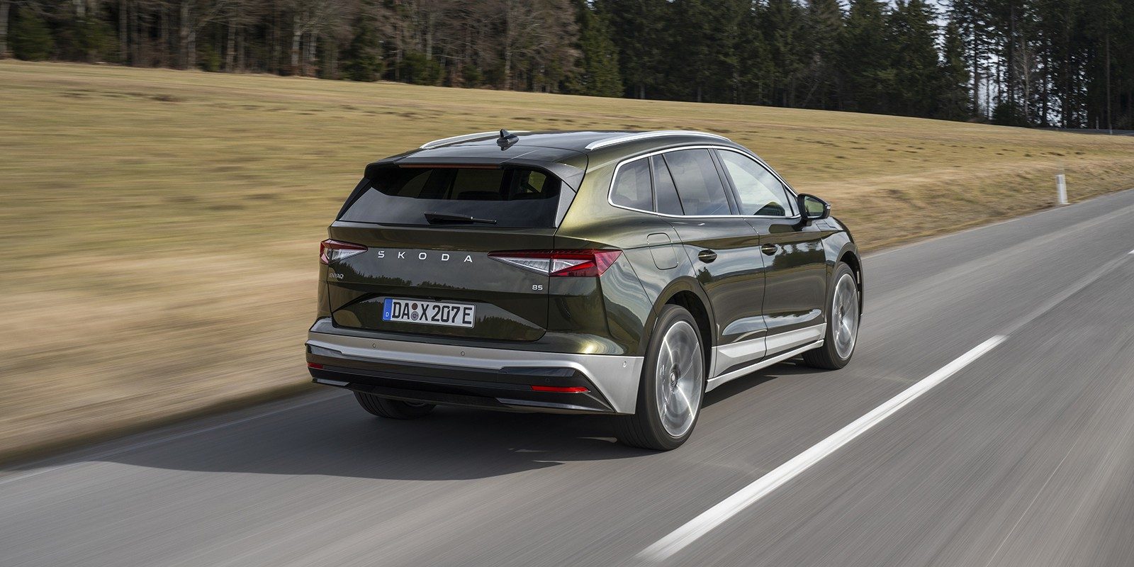 Škoda Enyaq 2021 - exterior, rear 3q driving, Europe / EV Query only market